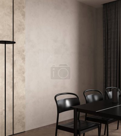 Photo for Interior design of modern dining room with black furniture and beige wall, Scandinavian style, 3d visualization - Royalty Free Image