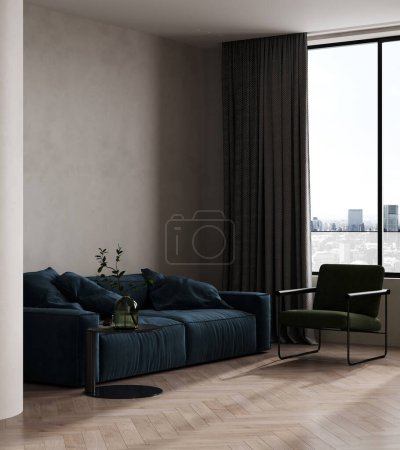 Téléchargez les photos : Salon intérieur moderne avec canapé bleu, chaise verte et table basse avec décor, rendu 3d - en image libre de droit