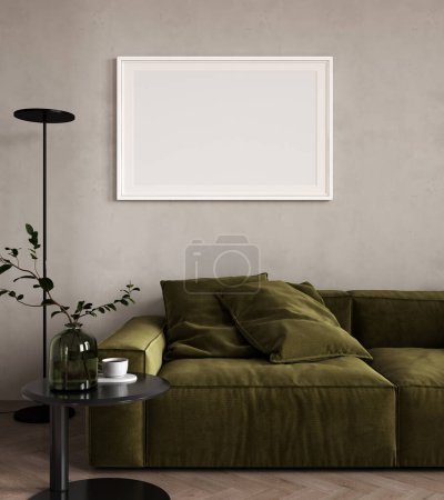 Téléchargez les photos : Cadre d'affiche maquette dans le salon intérieur de la maison avec canapé vert et table basse avec décor, rendu 3d - en image libre de droit