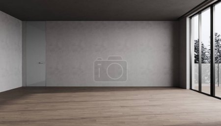 Téléchargez les photos : Chambre vide pour une maquette. Chambre vide avec mur gris clair et plancher en bois. Loft. Rendu 3d - en image libre de droit
