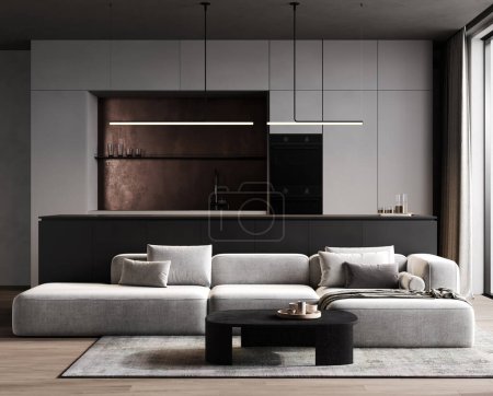 Foto de 3d renderizado de una moderna cocina minimalista contemporánea con gabinetes en blanco y negro, salpicadura de cobre y sofá gris claro. - Imagen libre de derechos