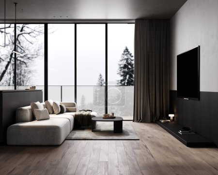Foto de Interior de la sala de estar con consola de TV, sofá y decoración, pared de hormigón gris y ventana panorámica, representación 3d - Imagen libre de derechos