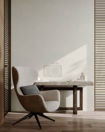 Téléchargez les photos : Intérieur de la chambre moderne avec grand fauteuil et table de console avec décor près du mur avec lumière du soleil - en image libre de droit