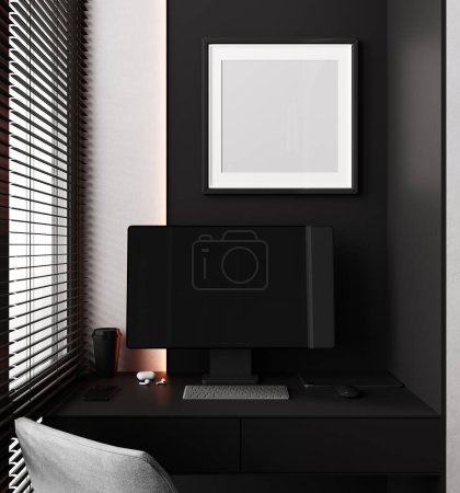 Photo for Square black frame mockup on black wall background, 3d rendering - Royalty Free Image