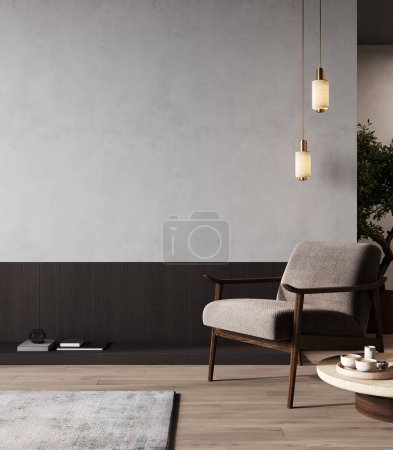 Téléchargez les photos : Intérieur de la chambre moderne, console avec décor près du mur avec fauteuil et plancher en bois, visualisation 3D - en image libre de droit