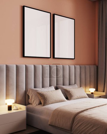 Téléchargez les photos : Modèle blanc vertical à deux cadres dans l'intérieur minimaliste de la chambre, gros plan, rendu 3d - en image libre de droit