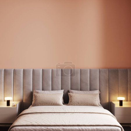 Photo for Bedroom in pastel tone peach fuzz color trend 2024 year panton furniture and background. Modern luxury room interior home design. Empty painting wall for art or wallpaper, pictures, art. 3d render - Royalty Free Image