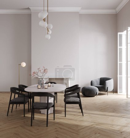 Téléchargez les photos : Modèle intérieur de luxe avec chaise noire, table blanche et plancher en bois, rendu 3d - en image libre de droit