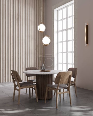 Foto de Interior minimalista contemporáneo beige con mesa, silla, pared con paneles de madera y decoración. maqueta de ilustración de renderizado 3d - Imagen libre de derechos