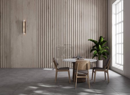 Foto de Interior minimalista contemporáneo con mesa, silla, pared con paneles de madera y decoración. maqueta de ilustración de renderizado 3d - Imagen libre de derechos