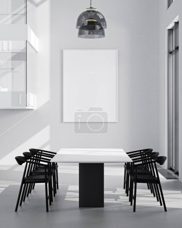 Téléchargez les photos : Modélisation verticale du cadre de l'affiche blanche dans un intérieur moderne minimaliste, salon avec salle à manger, illustration 3D - en image libre de droit