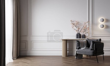 Téléchargez les photos : Light living room. Lounge area chair with an accent wooden table and decor. Empty white wall blank as background. Modern interior design room home or hotel. 3d rendering - en image libre de droit