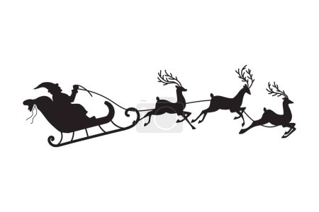 Téléchargez les illustrations : Père Noël volant dans un traîneau avec des rennes. Illustration vectorielle. Objet isolé. Silhouette noire. Noël. Nouvel An - en licence libre de droit