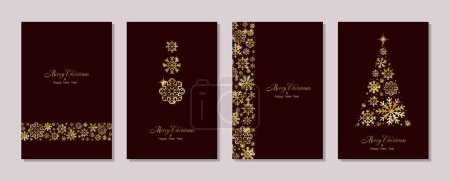 Feliz Navidad y Feliz Año Nuevo diseño de tarjetas de felicitación con estrellas doradas y copos de nieve decorados en el fondo de Navidad para pancartas, carteles o tarjetas. Hermoso fondo de Navidad