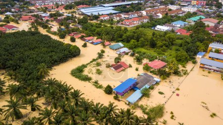 Photo for DENGKIL, MALAYSIA - NOV 17, 2022: Areal view of Dengkil district from flooding that causes damage of the infrastructure and housing area. Selective focus, contains dust and grain - Royalty Free Image