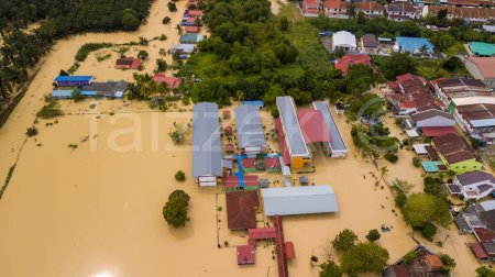 Photo for Dengkil, Malaysia - Nov 17, 2022: Areal view of Dengkil district from flooding that causes damage of the infrastructure and housing area. Selective focus, contains dust and grain - Royalty Free Image