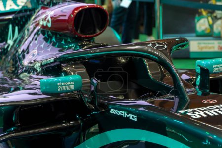 Photo for Kuala Lumpur, Malaysia - May 5, 2023: Close-up details of Petronas Mercedes AMG F1 W14 E Perfomance car on display at Malaysia Autoshow 2023 - Royalty Free Image