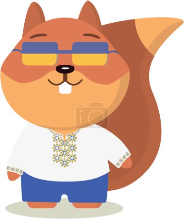 Illustration for Squirrel in a Ukrainian embroidered coat and glasses - Royalty Free Image