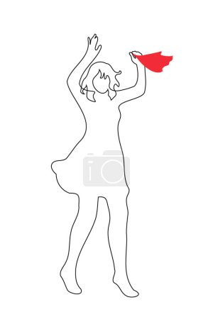 Illustration for Woman dancing waving a red handkerchief in her hand - one line drawing. concept dance for the soul, happiness or enjoyment - Royalty Free Image