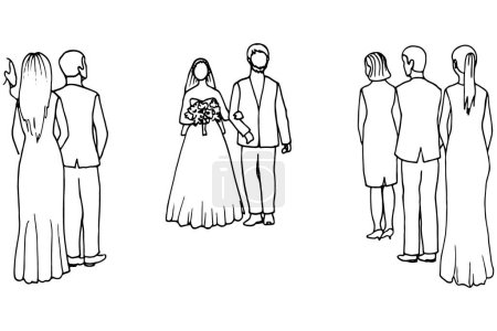 Illustration for Hand drawn illustration of a bride and her bearded father walking hand in hand together towards the altar as standing guests stand looking on. the father of the bride and the bride are walking at the wedding - drawing in doodle style - Royalty Free Image