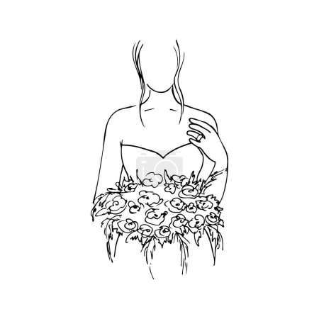 woman in a strapless dress holds a bouquet of flowers in front of her. hand drawn bride drawing