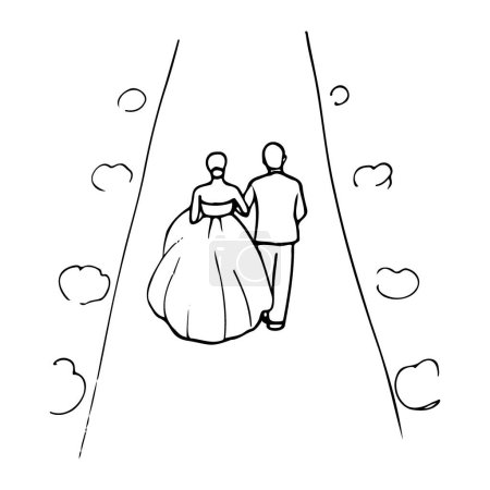 Illustration for Man and a woman walk along a path with bushes. hand drawn illustration bride and groom, bride and father walking down the aisle - Royalty Free Image