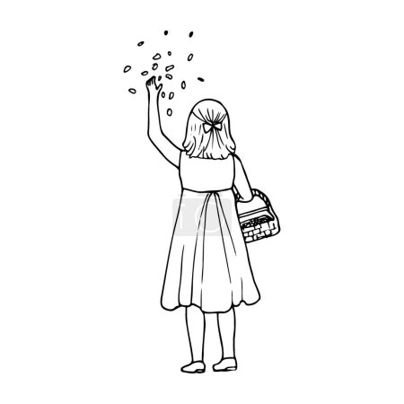 little girl throws up flower petals, a basket in her hand, drawing from the back. hand drawn illustration floral girl at wedding