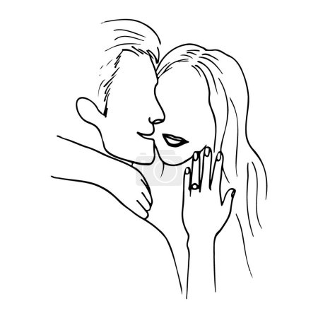 Ilustración de Sonrisa de hombre y mujer, la mujer muestra su mano con un anillo en su dedo anular. ilustración dibujada a mano amantes comprometidos - Imagen libre de derechos