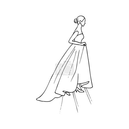 mujer en un vestido largo con un moño en la cabeza sube las escaleras, levantando su dobladillo. ilustración dibujada a mano de una mujer de perfil