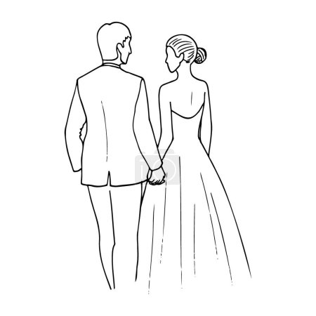 Hand drawn line art illustration of a man and woman in evening dresses walking hand-in-hand and looking at each other, depicted in the background behind the bride and groom