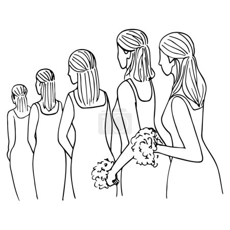 Brautjungfern, die in einer Reihe stehen und mit Blumensträußen in der Hand in eine Richtung schauen - handgezeichnete lineare Hochzeitsillustration