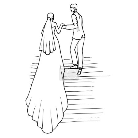 Ilustración de Novia y novio subir las escaleras, el hombre la ayuda sosteniendo su mano. ilustración dibujada a mano de un hombre en un traje galante ayudar a una mujer en un vestido con un dobladillo largo para rellenar los pasos de un empinado - Imagen libre de derechos