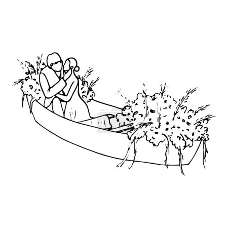 novia y novio se besan mientras están sentados en un barco decorado con flores. ilustración dibujada a mano viaje en barco de luna de miel