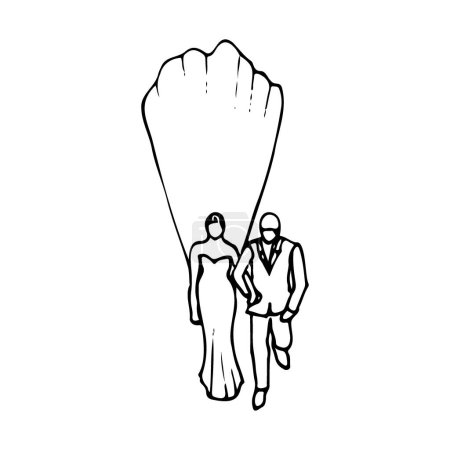 Illustration for Top view of the bride and groom or the bride and father walking together holding hands. hand-drawn illustration of a man in a suit leading a woman in a dress with a long hem by the arm - Royalty Free Image