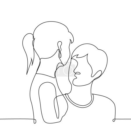 man looks hypnotized into the face of a woman who is taller than him - one line art vector. concept man in love, heed someone else's word, height difference