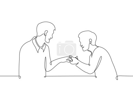 man showing ring to another man or gay engagement - one line art vector. concept men in love, a man admires his friend's engagement ringman showing ring to another man or gay engagement - one line art vector. concept men in love, a man admires his fr