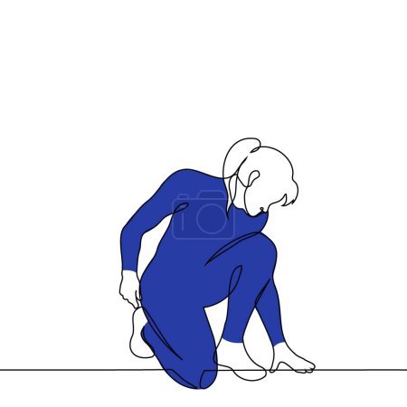 Illustration for Superheroine in a blue suit bowing in a low heroic stance - one line art vector. concept woman athlete or strongwoman - Royalty Free Image