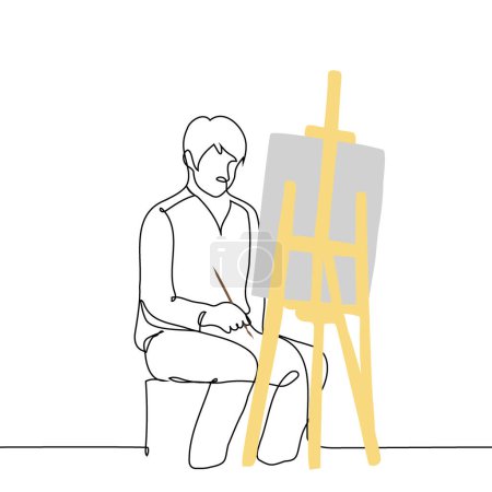 Téléchargez les illustrations : Homme artiste assis à un chevalet avec un pinceau à la main, regardant la toile en face de lui un vecteur d'art ligne. concept de la réflexion dans le processus de peinture d'un tableau - en licence libre de droit