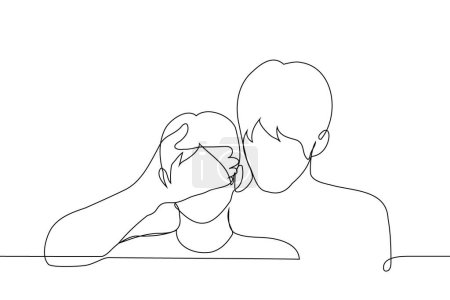 Illustration for Father closes eyes of teenage son - one line art vector. concept of generation of older men hiding something from the younger generation, surprise, deception, relationship - Royalty Free Image