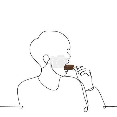 Téléchargez les illustrations : L'homme mange de la crème glacée sur un bâton en grosses bouchées, le fourrant dans sa bouche un vecteur d'art de ligne. concept manger de la glace avec gourmandise - en licence libre de droit