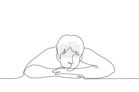 man rested her head on his stacked forearms - one line art vector. concept bored man, student, laziness