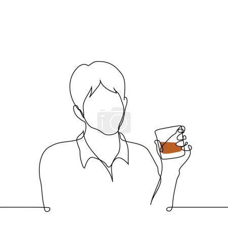 man sitting with a raised glass of whiskey - one line art vector. concept drinking alone, whiskey connoisseur without ice