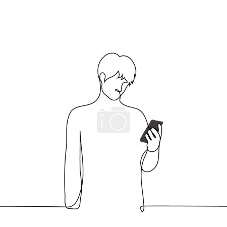 Ein Mann steht und schaut auf den Bildschirm seines Telefons - ein Linienvektor. Männlicher Smartphone-Nutzer