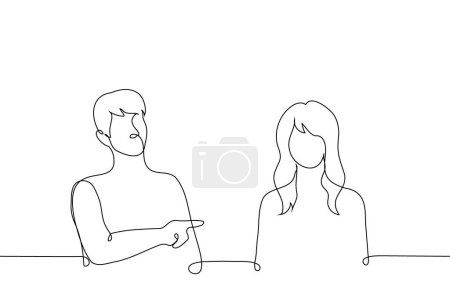 Der Mann zeigt mit dem Finger auf eine Frau, die neben ihm sitzt - ein Zeilenkunstvektor. Konzept schuld, jemanden herausgreifen