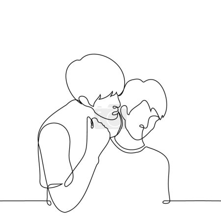 man whispers in another's ear standing behind him - one line art vector. concept of male friends gossiping, gay couple flirting and seducing