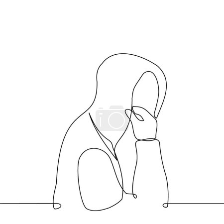 a person in a hoodie adjusts the hood or hides his face in the hood turning to the camera - one line art vector. concept anonymous, criminal, shy, man without a face