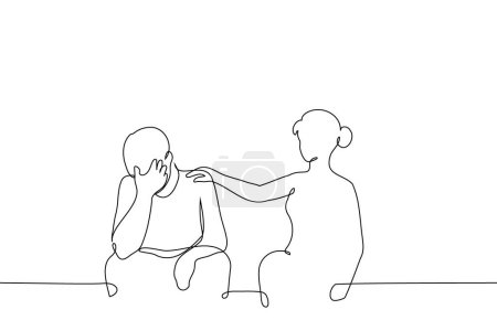 woman consoles an upset man sitting next to her - one line art vector. concept woman put her hand on the shoulder of a man who covered his eyes with his hand and sits next to her