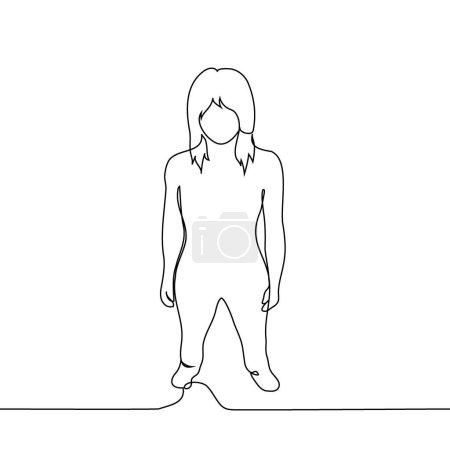 one woman stands at full height, top view - one line art vector. concept young woman standing silhouette