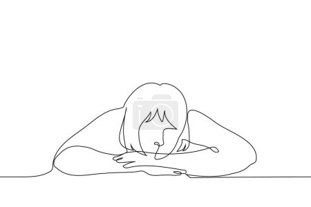 woman rested her head on her stacked forearms - one line art vector. concept bored woman, student, laziness