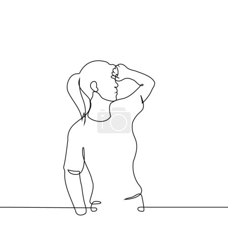 Ilustración de Mujer está de pie con la mano en la frente - una línea de vector de arte. concepto mujer sudoración, fatiga, encogimiento, aumento de la temperatura corporal, caliente - Imagen libre de derechos